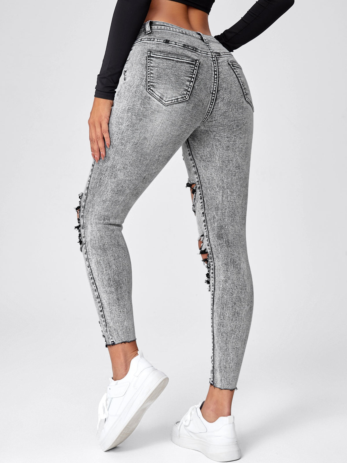 Skinny Jeans Cut Out Ripped with Raw Hem