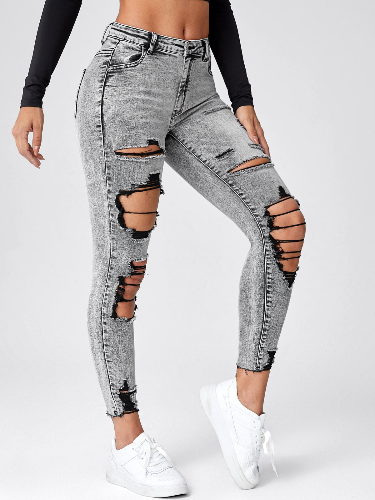Skinny Jeans Cut Out Ripped with Raw Hem