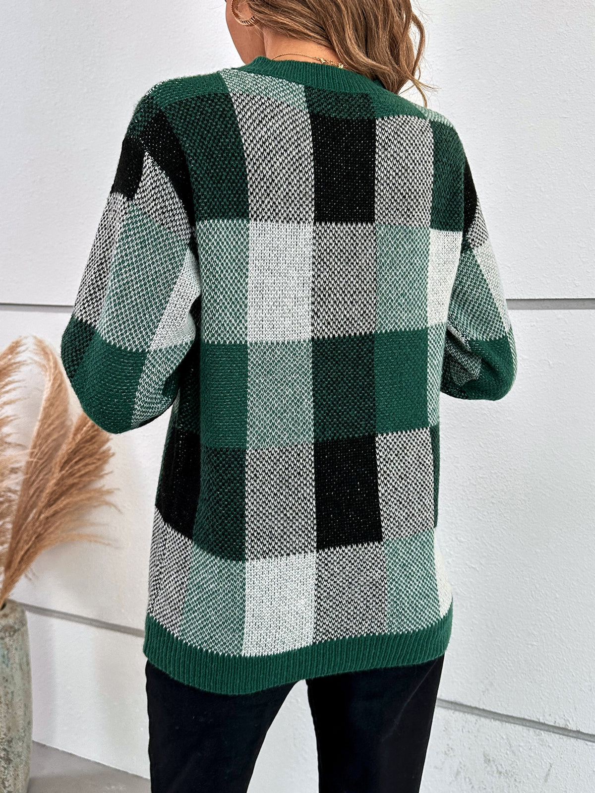 Plaid Sweater with Drop Shoulder