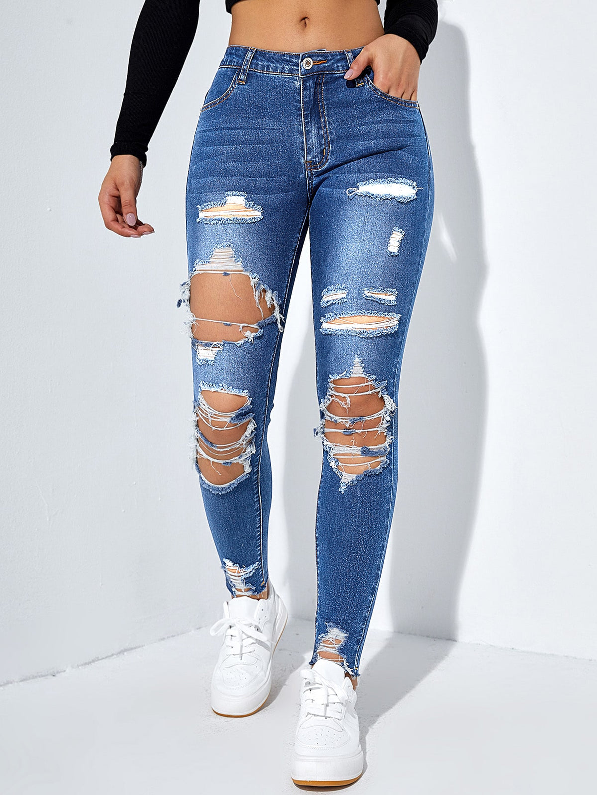 Skinny Jeans Cut Out Ripped with Raw Hem