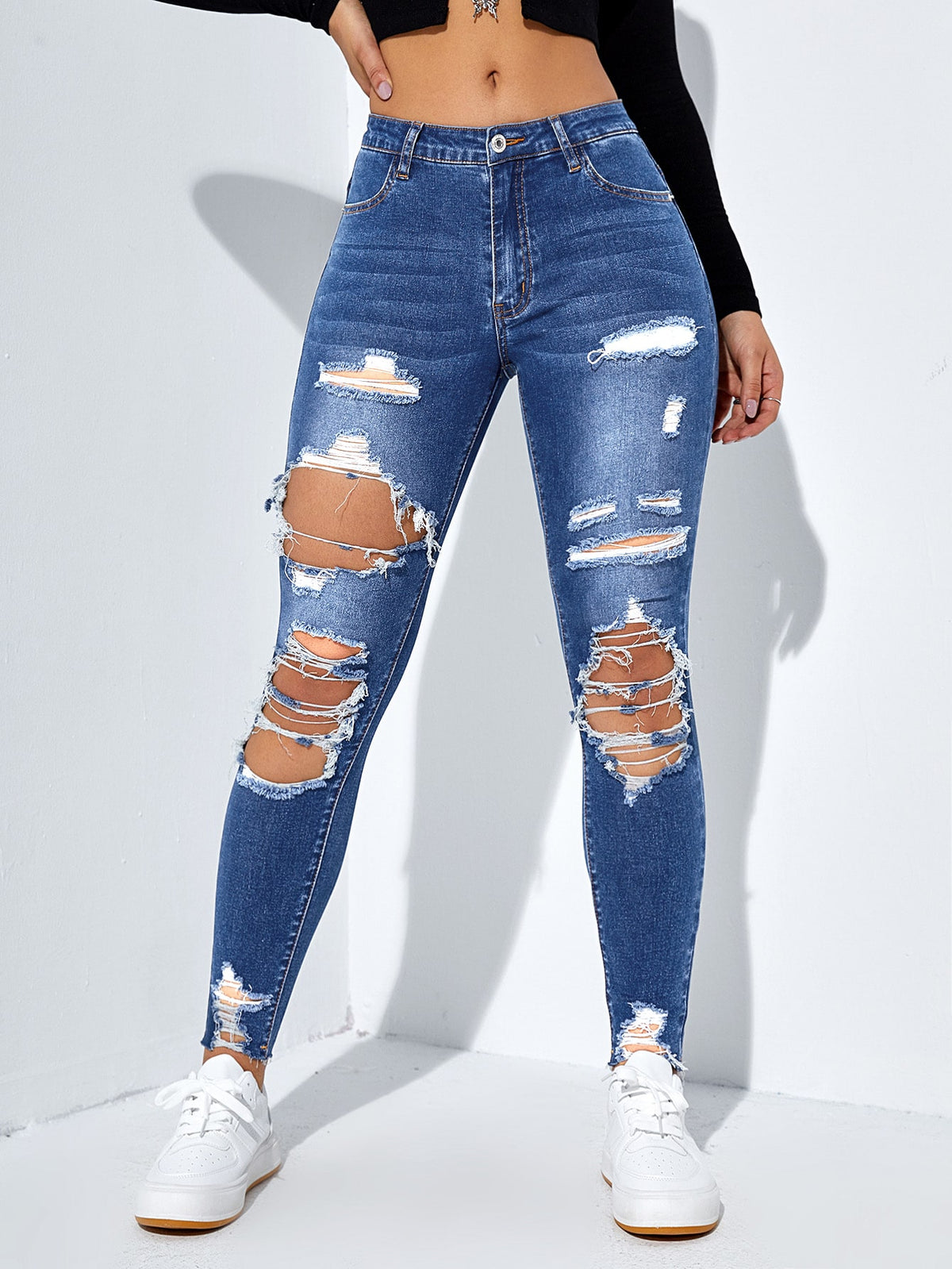 Skinny Jeans Cut Out Ripped with Raw Hem