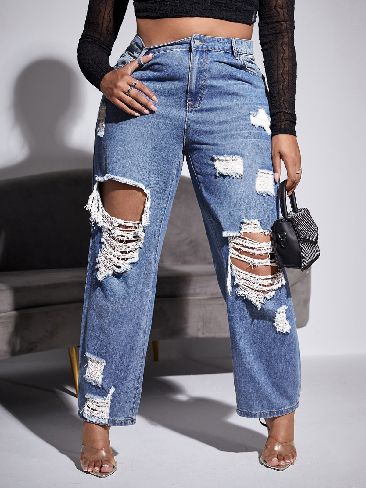 Plus Straight Leg Jeans with Ripped Cut Out