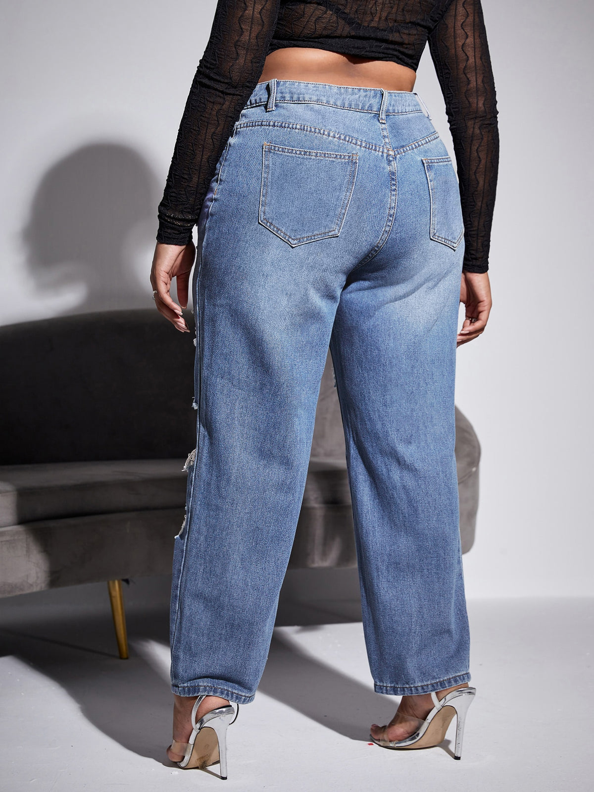 Plus Straight Leg Jeans with Ripped Cut Out