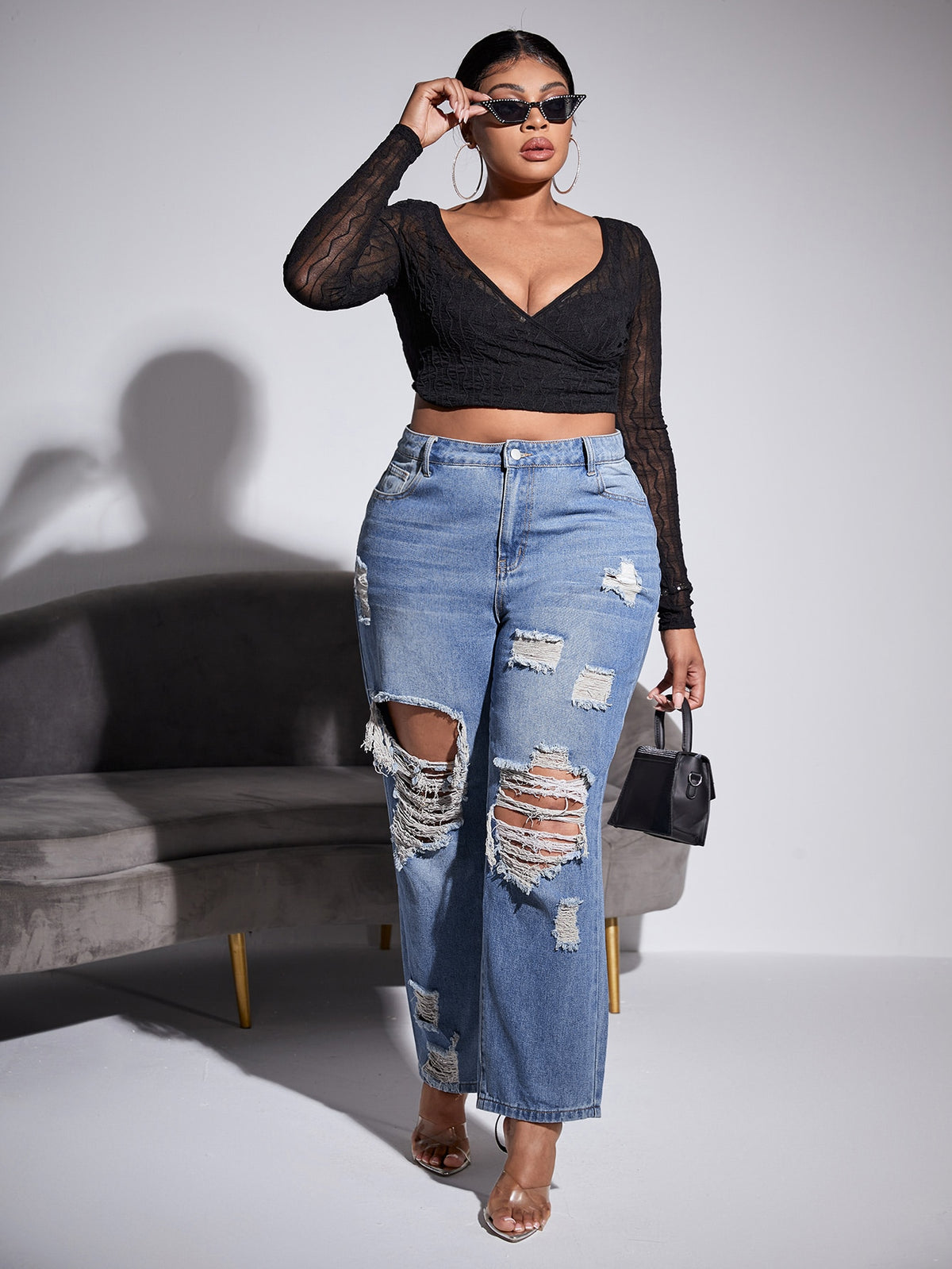 Plus Straight Leg Jeans with Ripped Cut Out