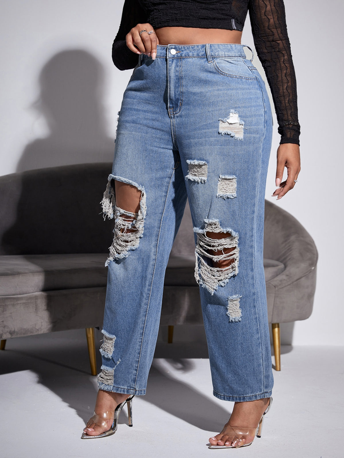 Plus Straight Leg Jeans with Ripped Cut Out