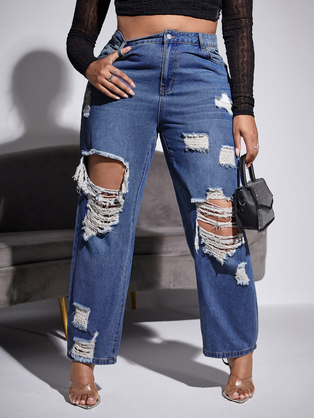 Plus Straight Leg Jeans with Ripped Cut Out