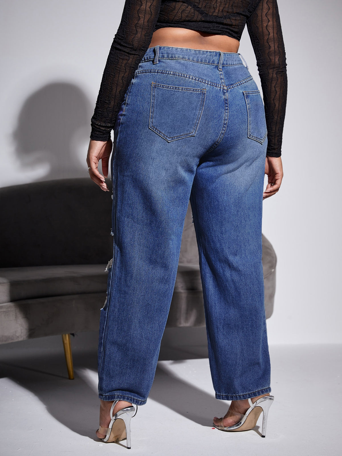 Plus Straight Leg Jeans with Ripped Cut Out