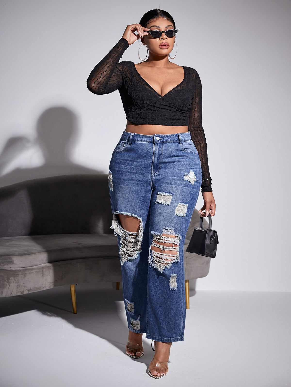 Plus Straight Leg Jeans with Ripped Cut Out