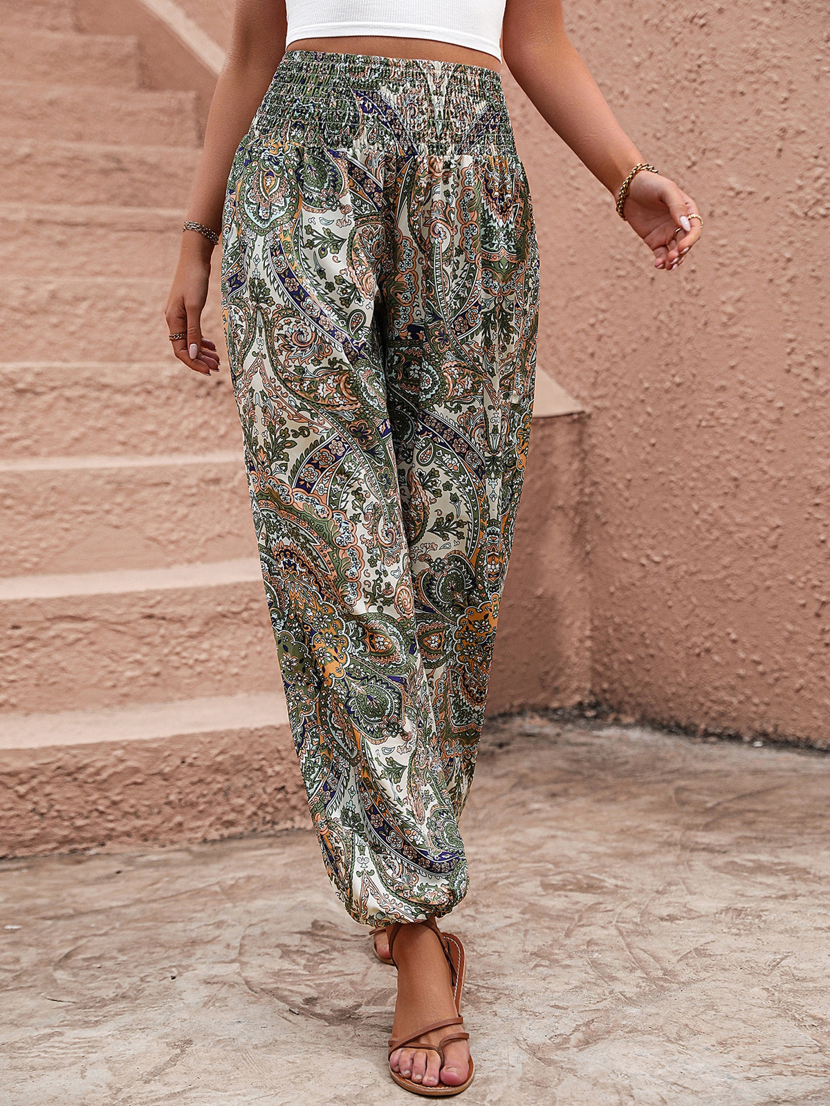 Paisley Print Pants with Shirred Waist