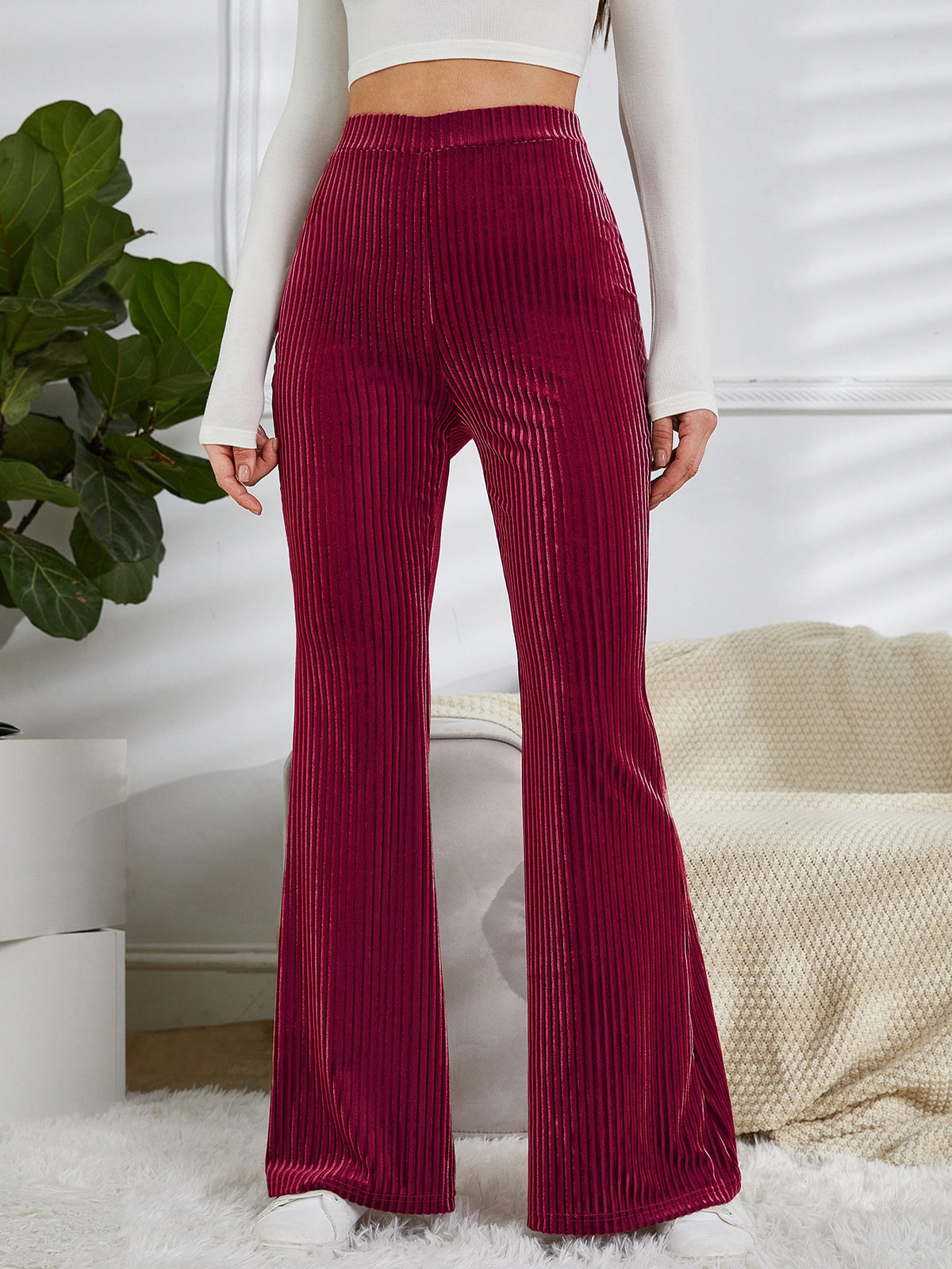 High Waist Velvet Pants with Flare Leg