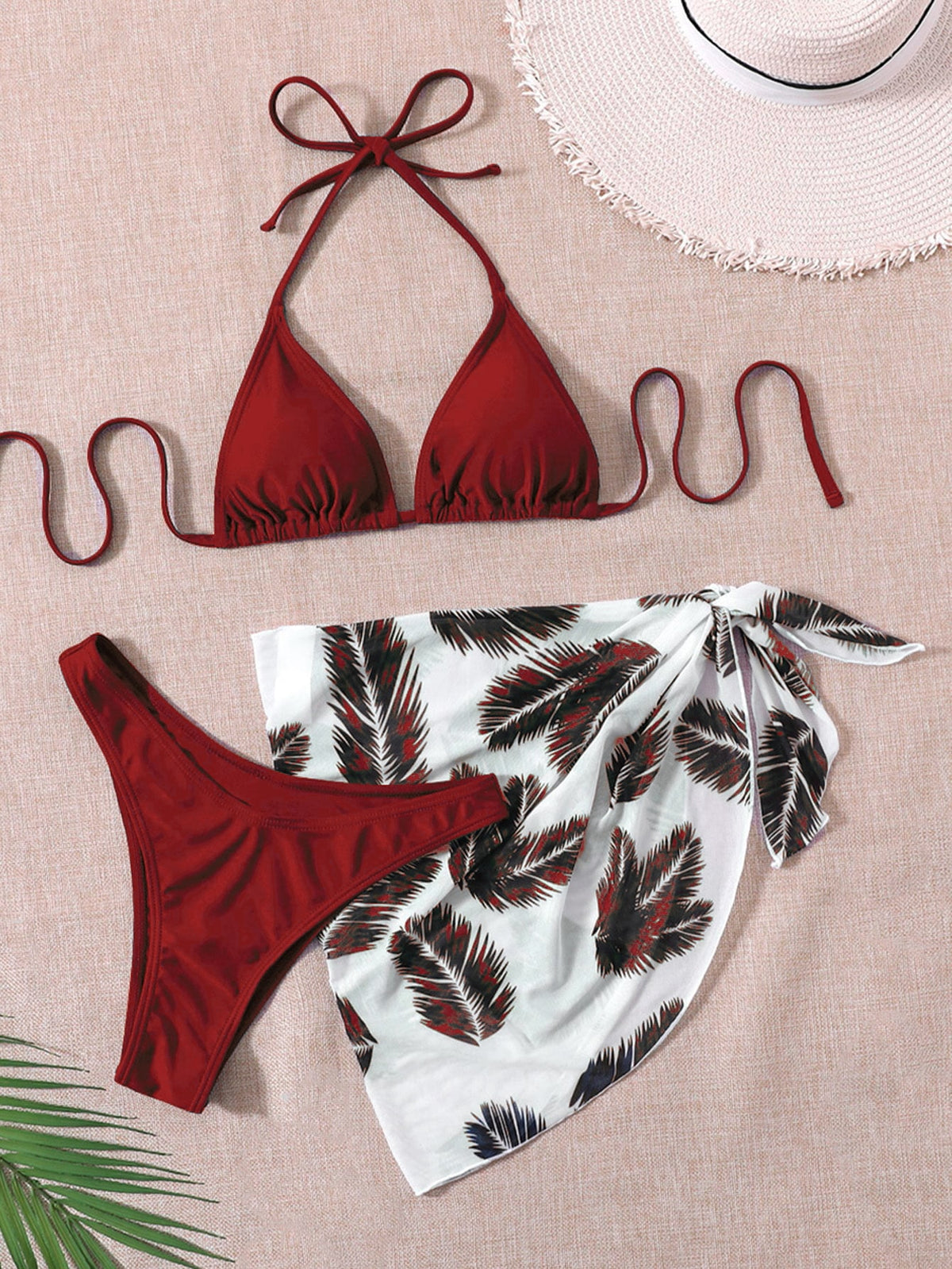 3 Piece Halter Bikini Swimsuit With Palm Print Beach Skirt
