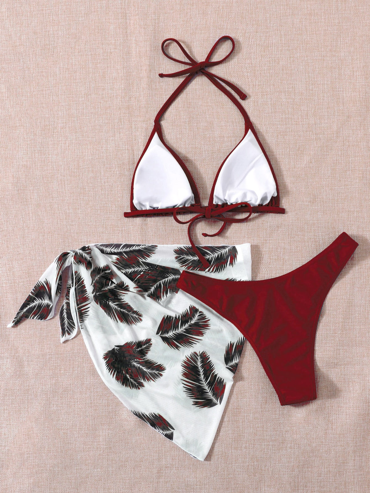 3 Piece Halter Bikini Swimsuit With Palm Print Beach Skirt