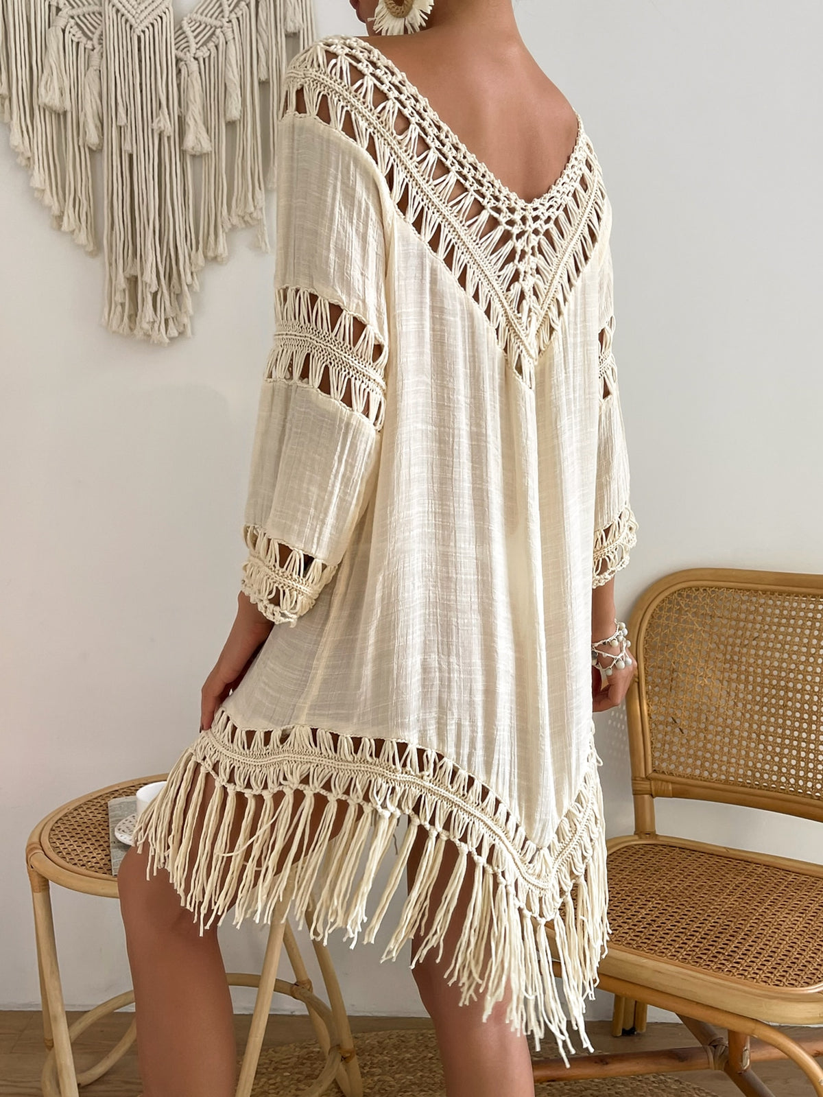 Boh Fringe Hem Crochet Cover Up Dress