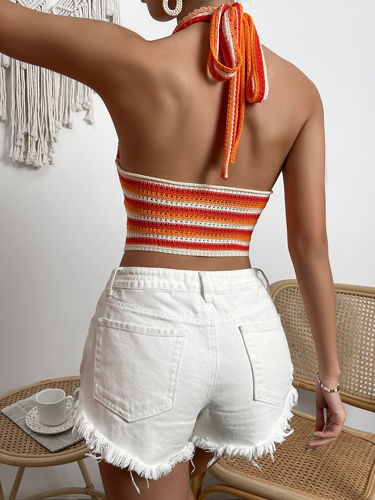 Knit Halter Crop Top Backless with Ties