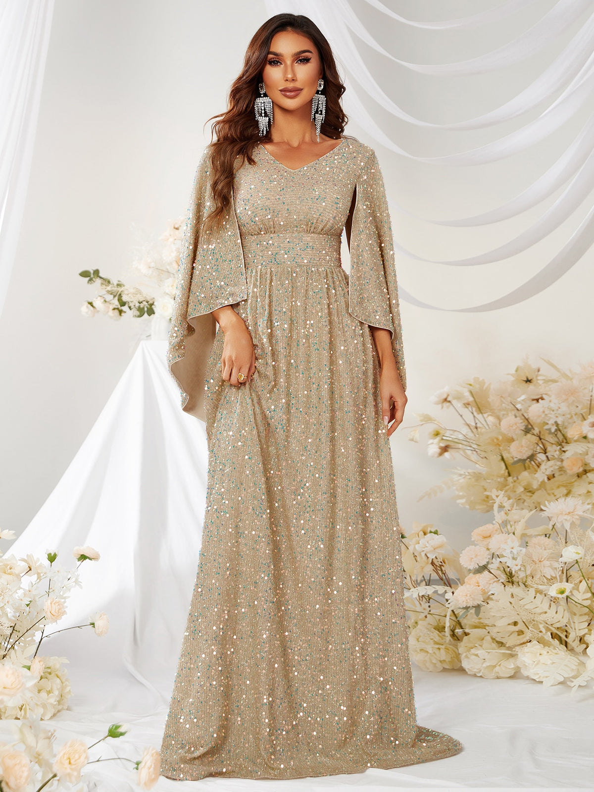 Formal Sequin Gown with Cloak Sleeve
