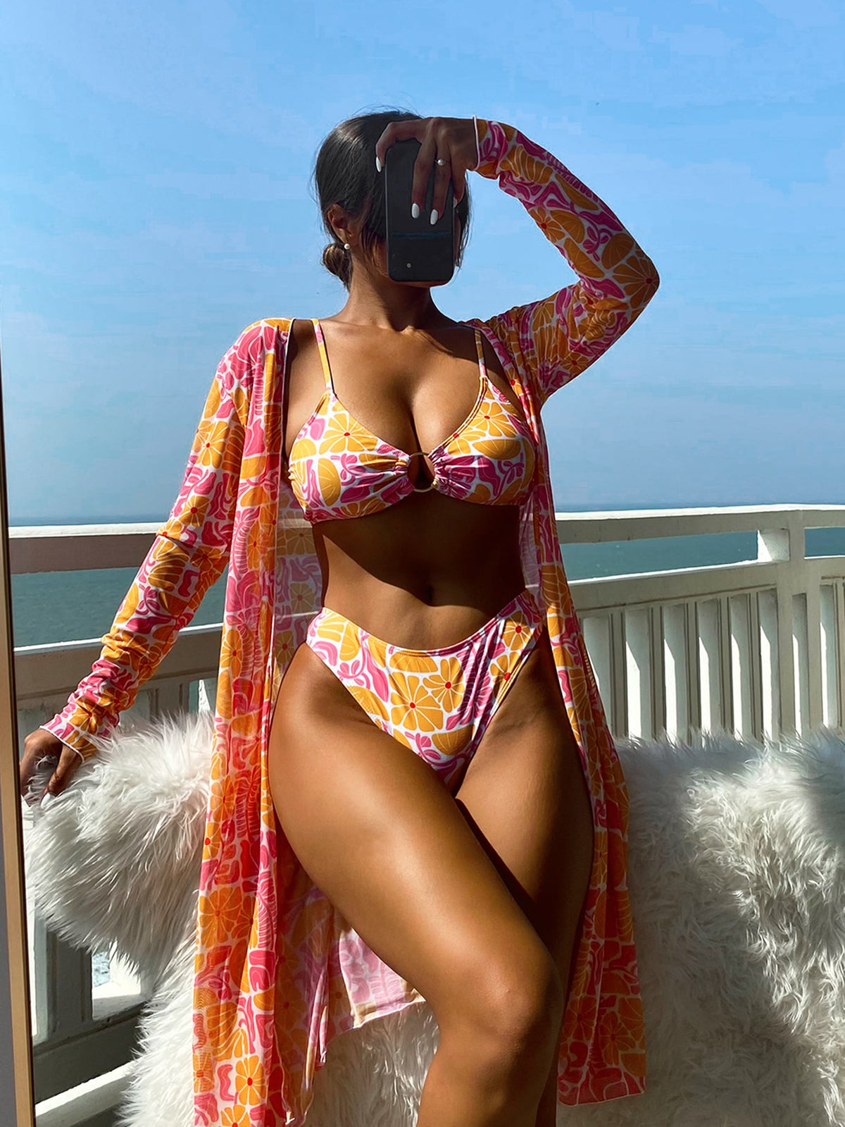 3 Piece Bikini Swimsuit with Criss Cross Ruched
