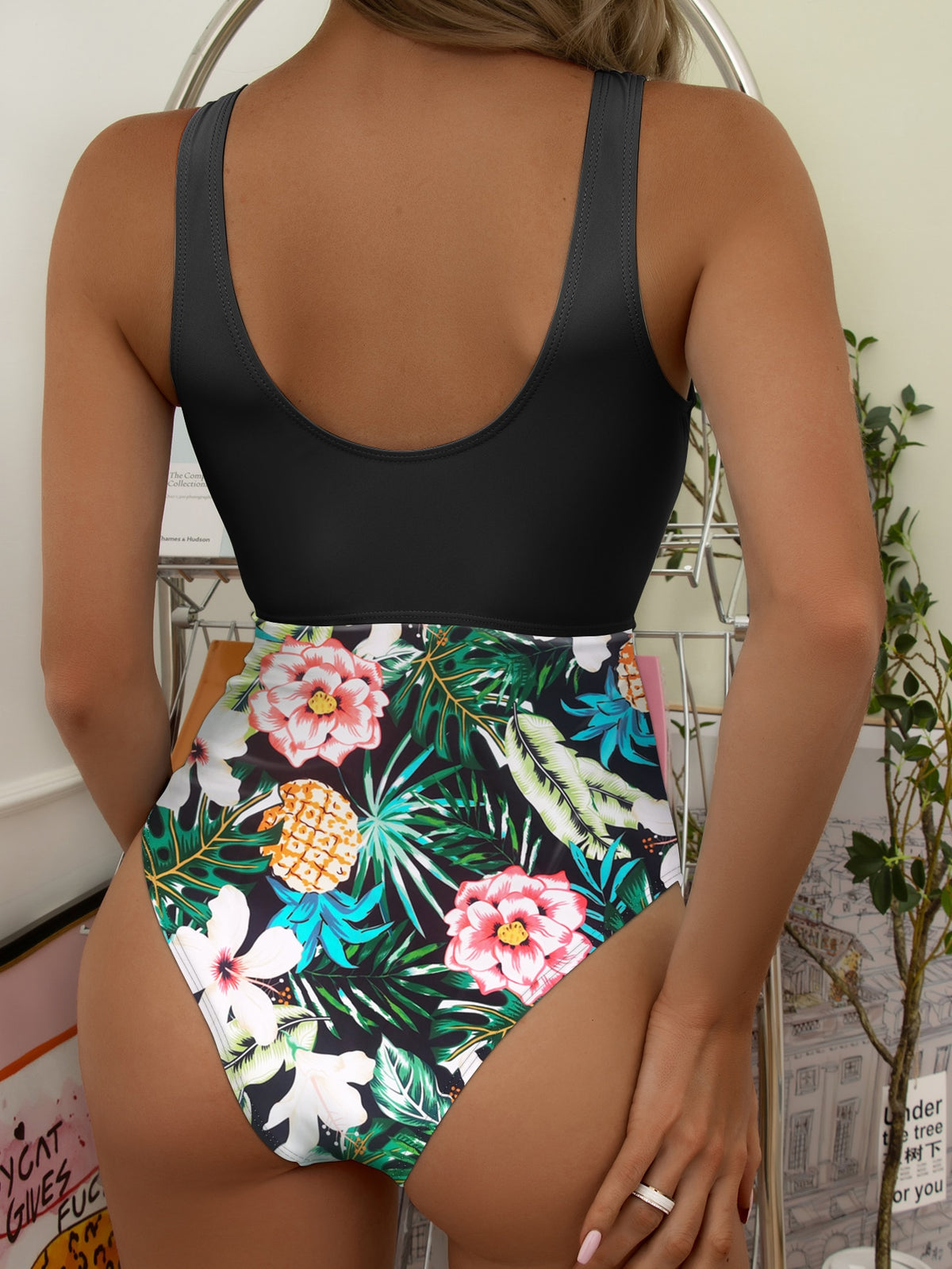 One Piece Tropical Print Swimsuit with Cut out