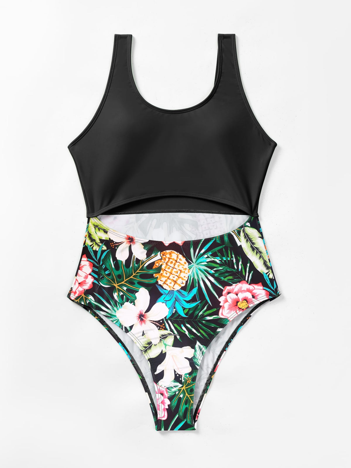 One Piece Tropical Print Swimsuit with Cut out
