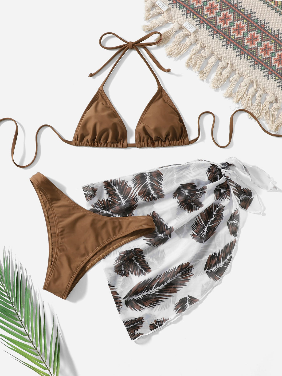 3 Piece Halter Bikini Swimsuit With Palm Print Beach Skirt
