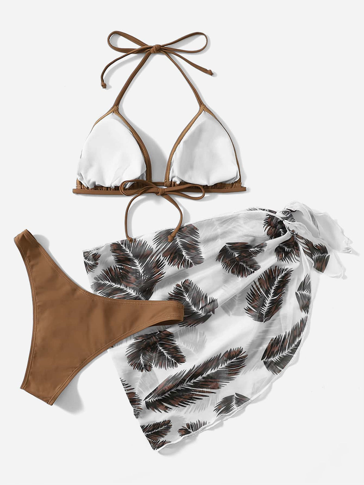 3 Piece Halter Bikini Swimsuit With Palm Print Beach Skirt