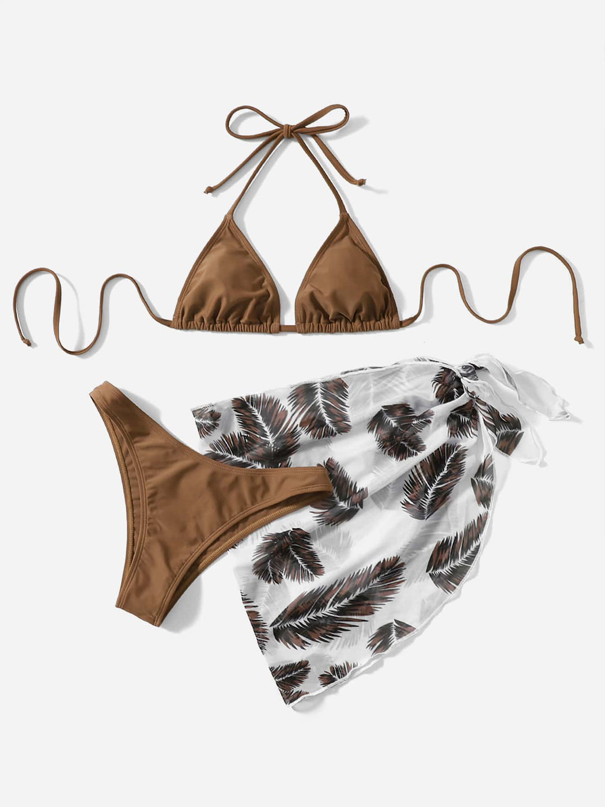 3 Piece Halter Bikini Swimsuit With Palm Print Beach Skirt