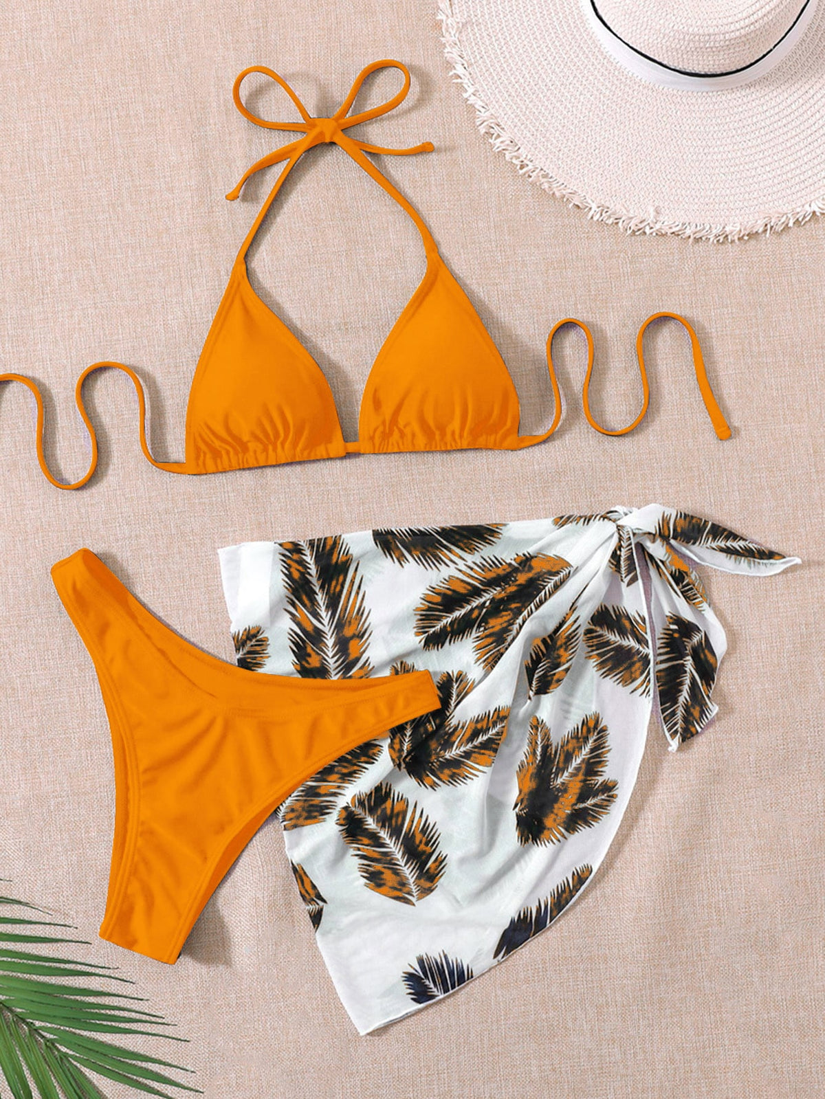 3 Piece Halter Bikini Swimsuit With Palm Print Beach Skirt