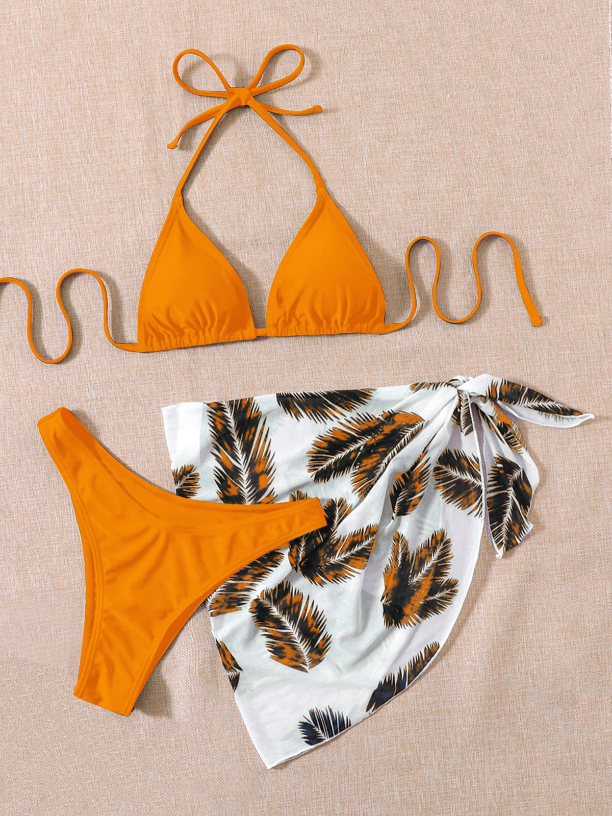 3 Piece Halter Bikini Swimsuit With Palm Print Beach Skirt