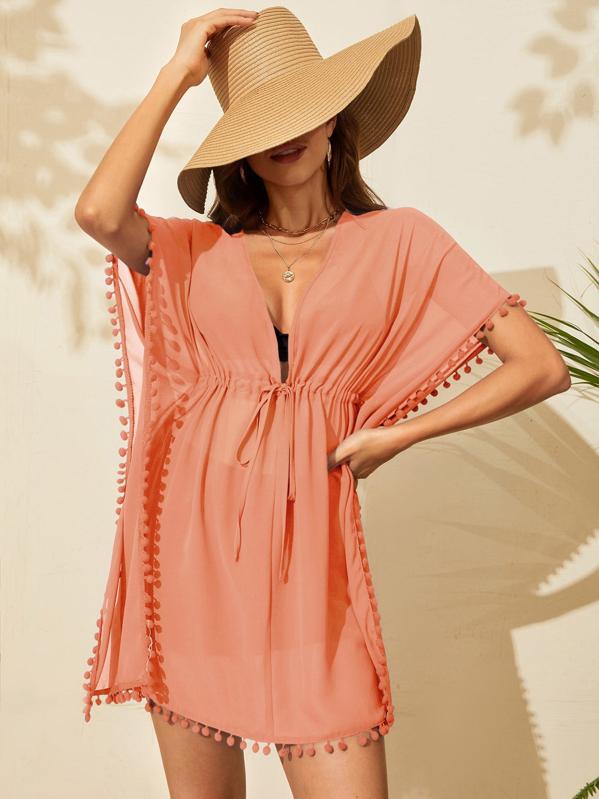 Drawstring Waist Swim Cover Up with Pompom Trim
