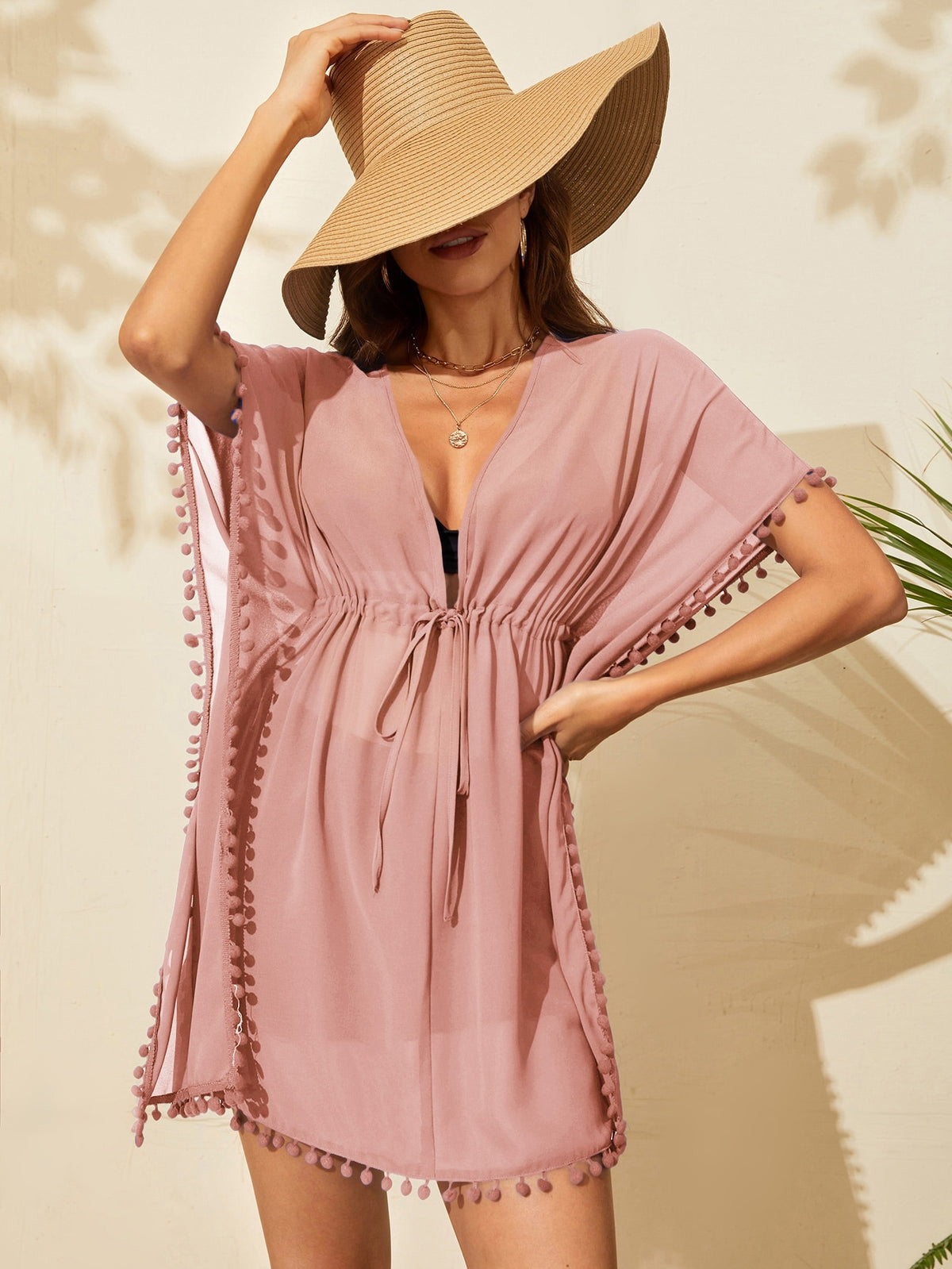 Drawstring Waist Swim Cover Up with Pompom Trim