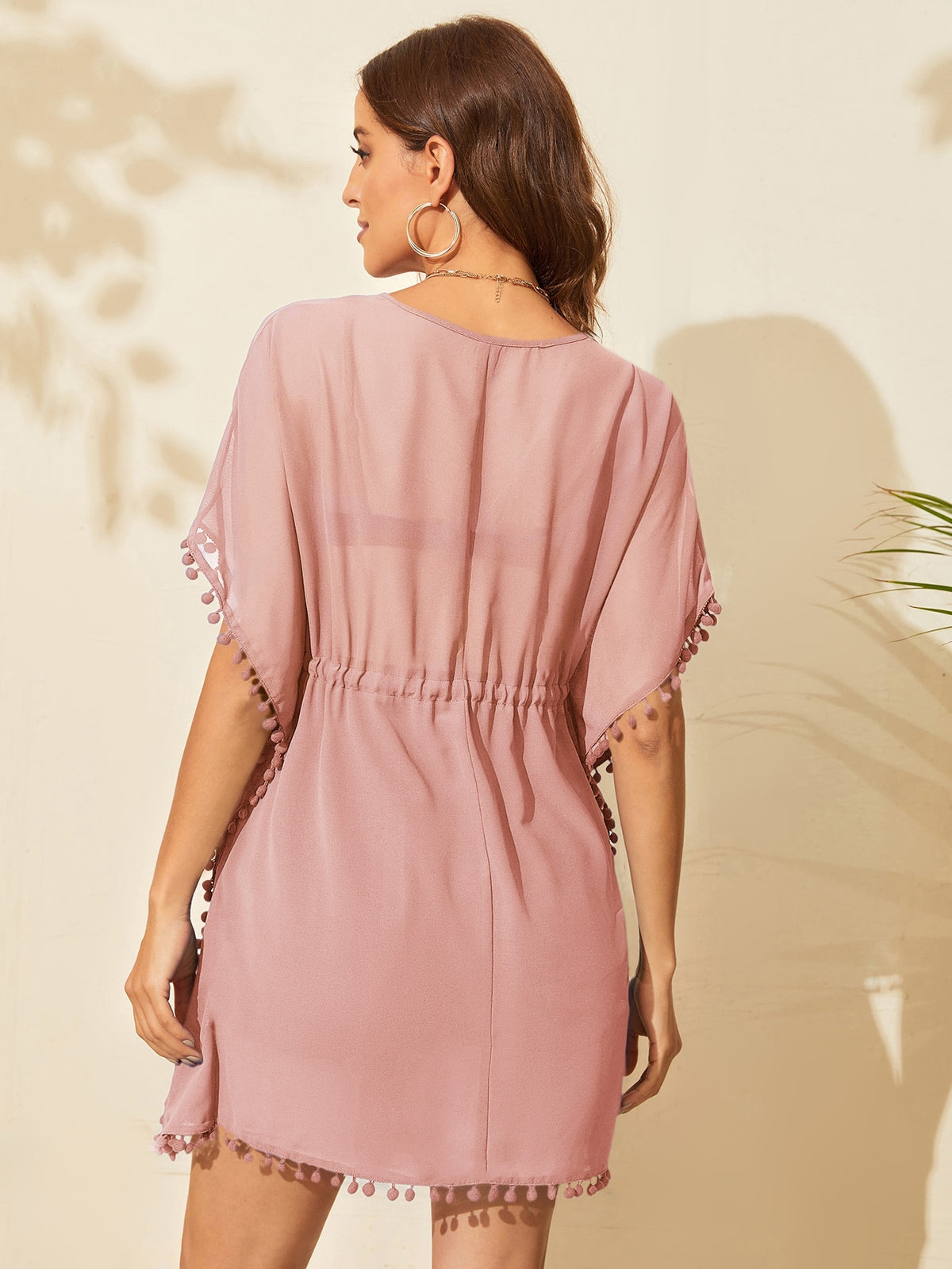 Drawstring Waist Swim Cover Up with Pompom Trim