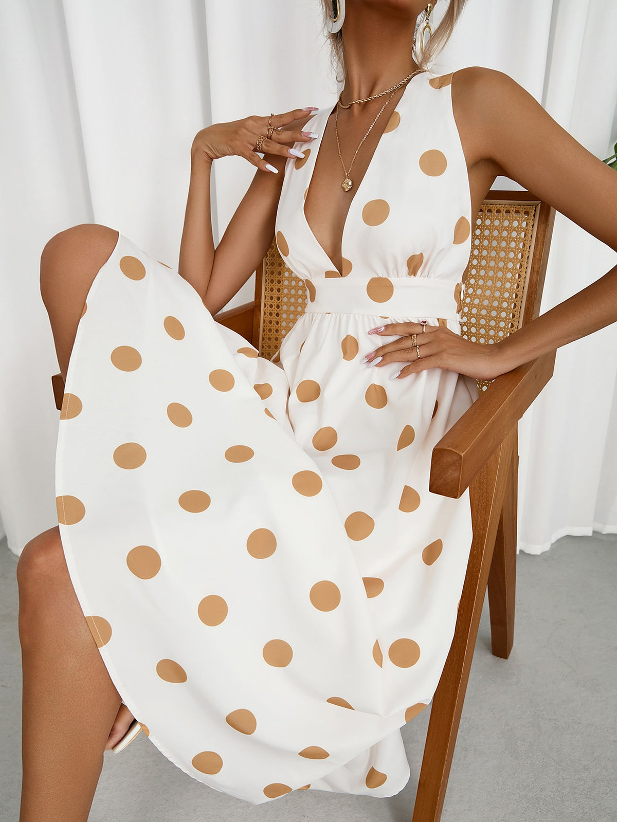 Plunging Neck Backless Dress with Gold Dots