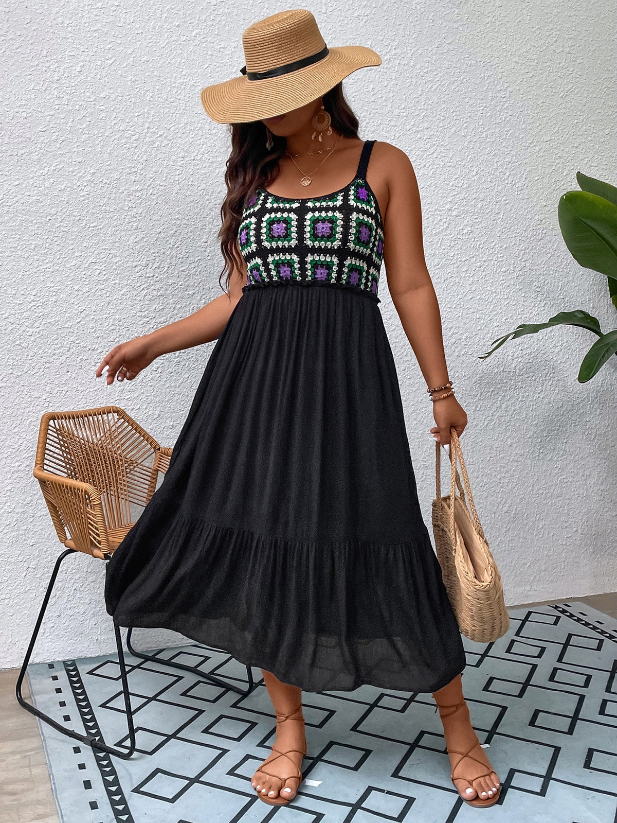 Plus Crochet Bodice Cami Dress with Ruffle Hem