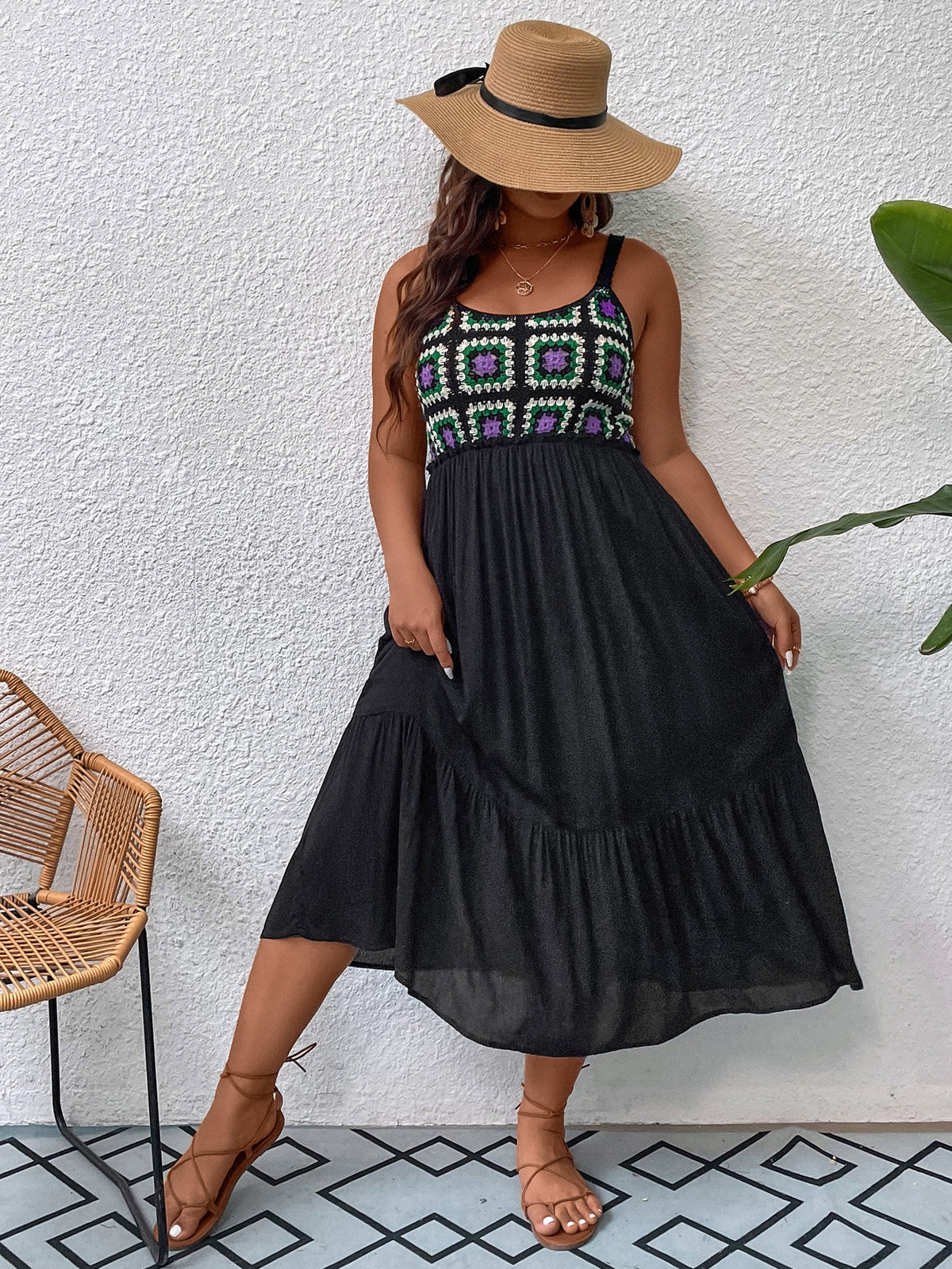 Plus Crochet Bodice Cami Dress with Ruffle Hem