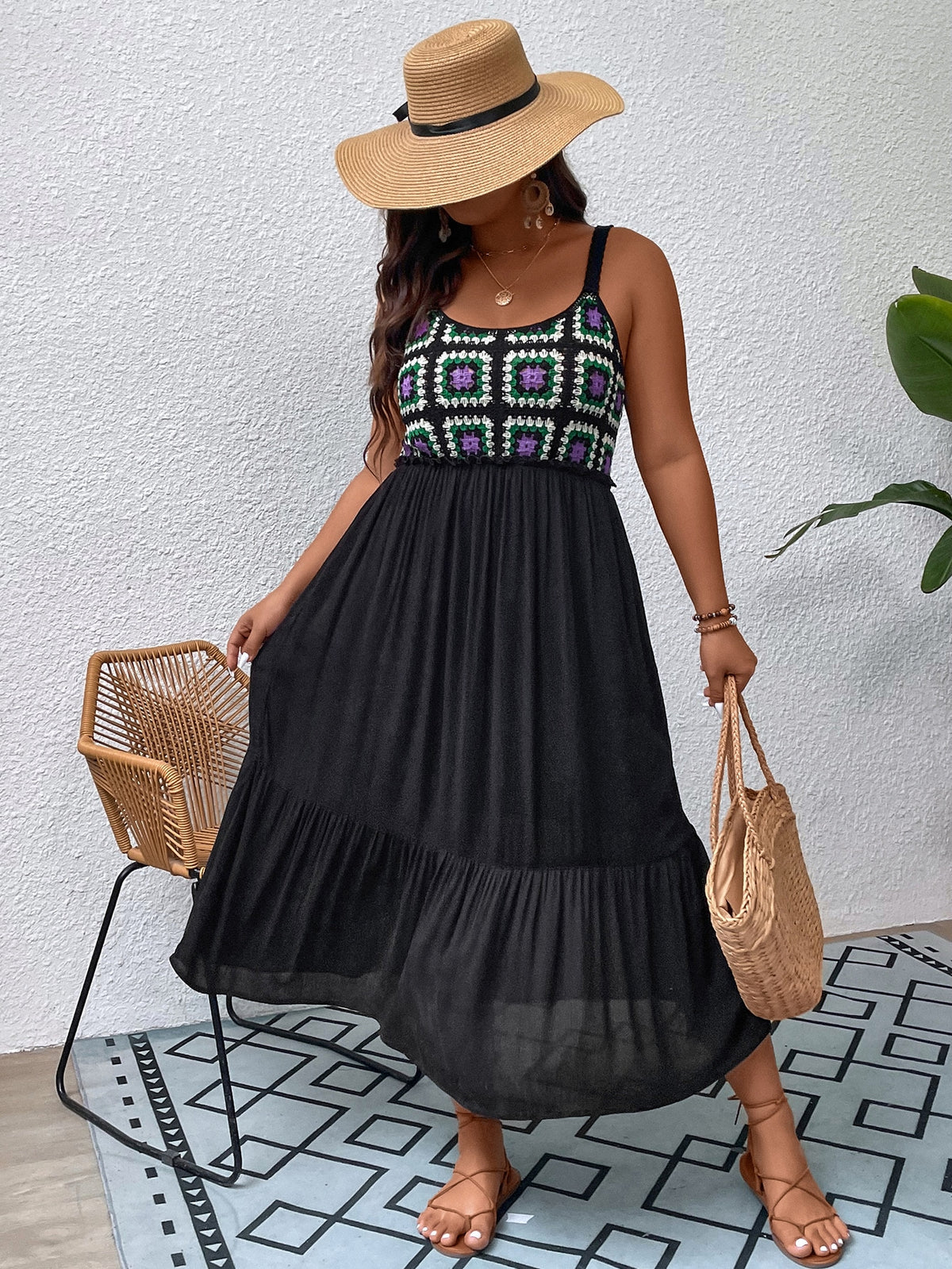 Plus Crochet Bodice Cami Dress with Ruffle Hem