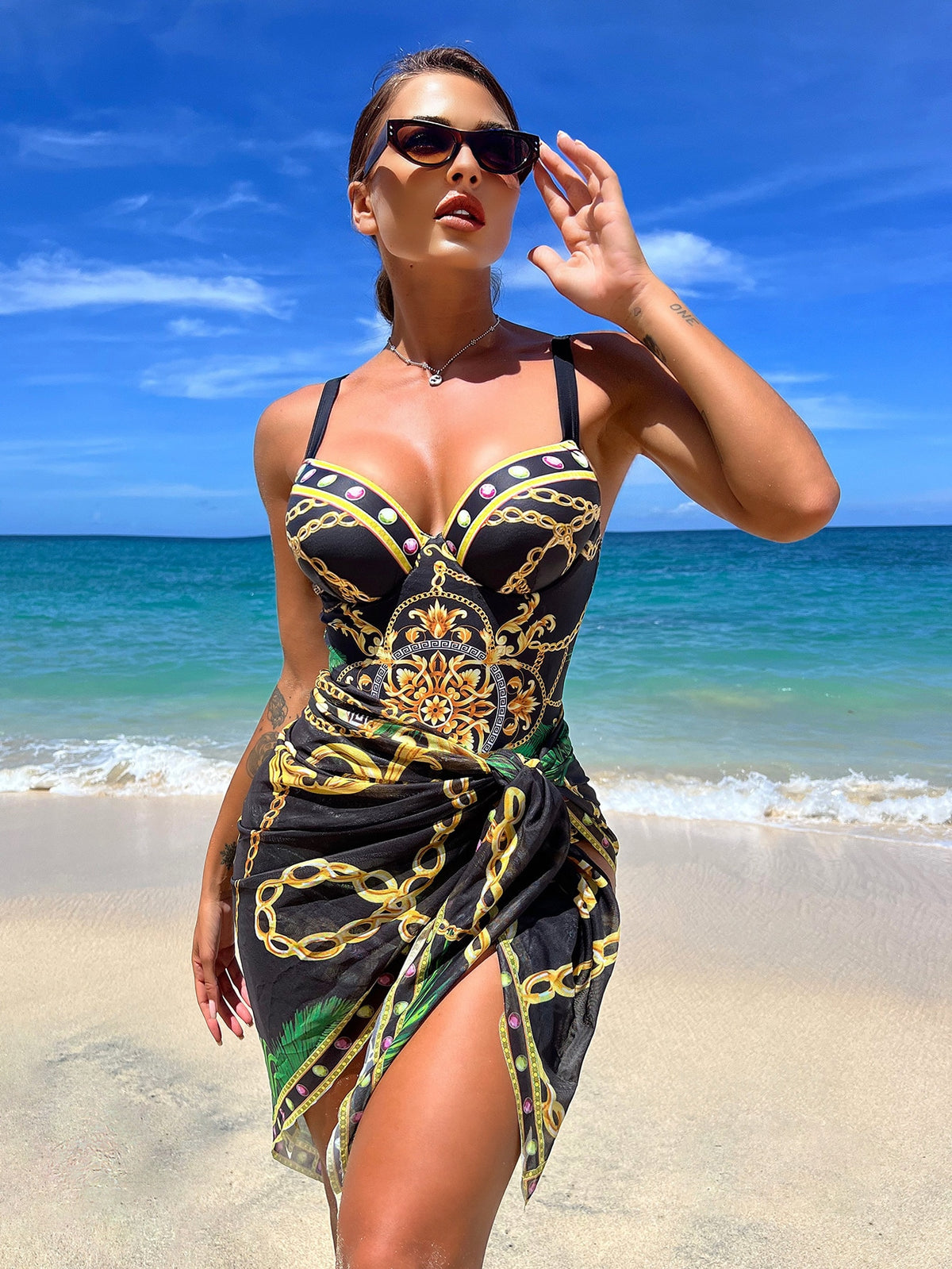 Boho One Piece Swimsuit With Beach Skirt