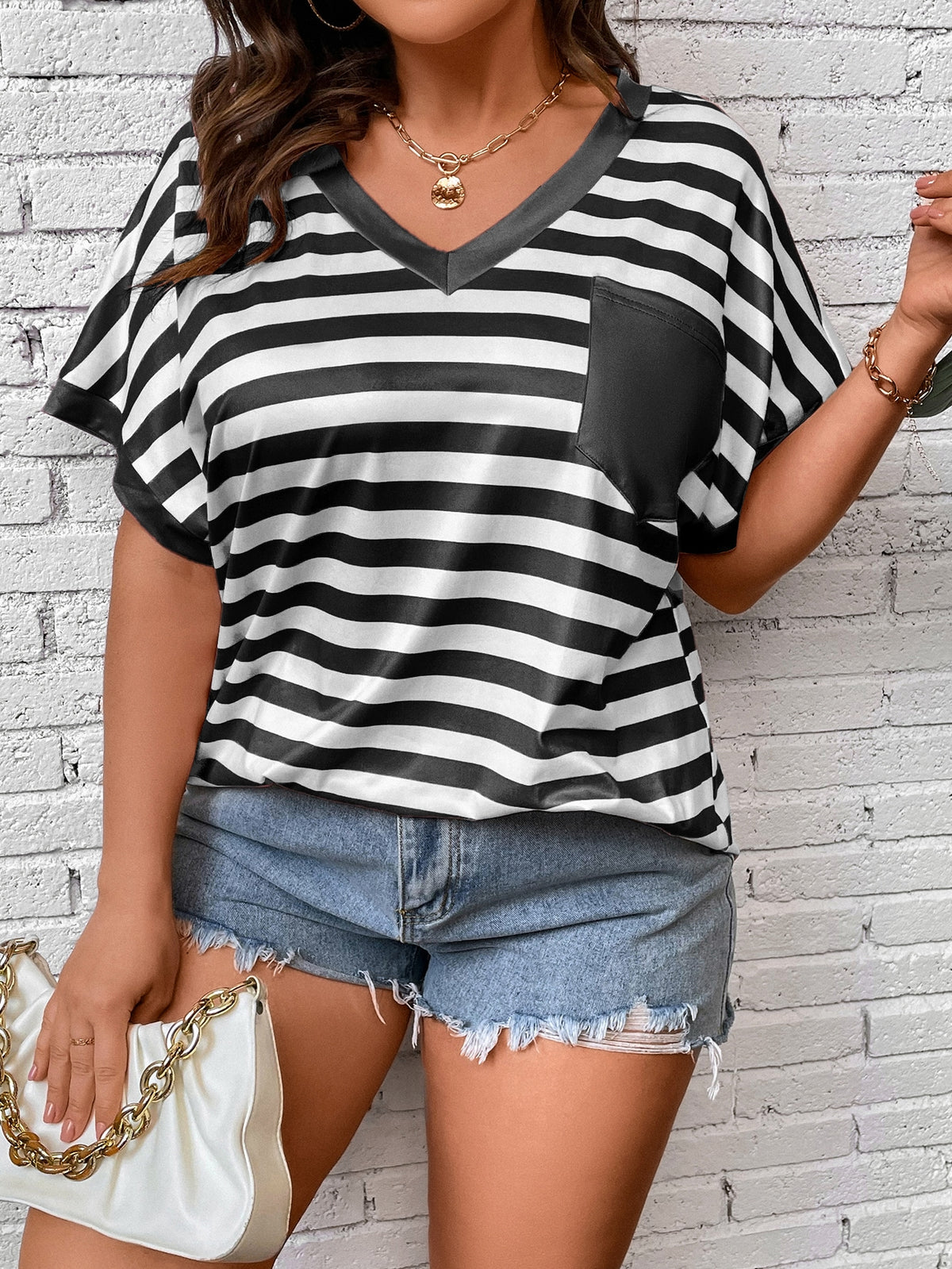 Plus Striped Pocket Patched  Tee