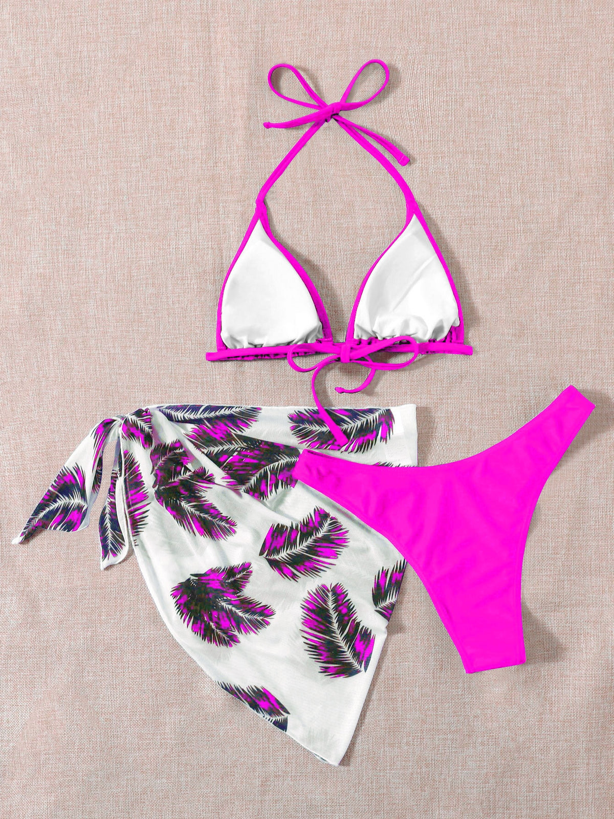 3 Piece Halter Bikini Swimsuit With Palm Print Beach Skirt