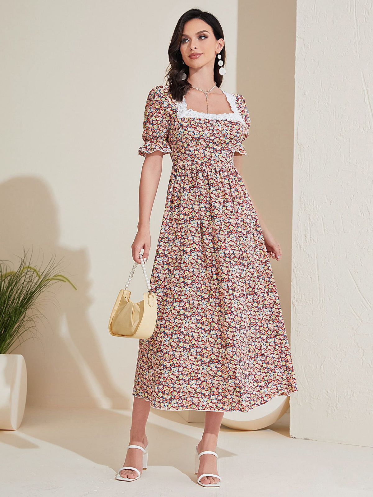 Floral Print Dress with Lace Trim