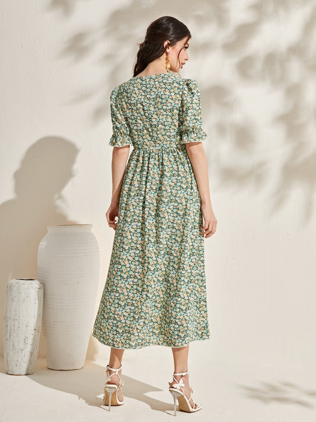 Floral Print Dress with Lace Trim