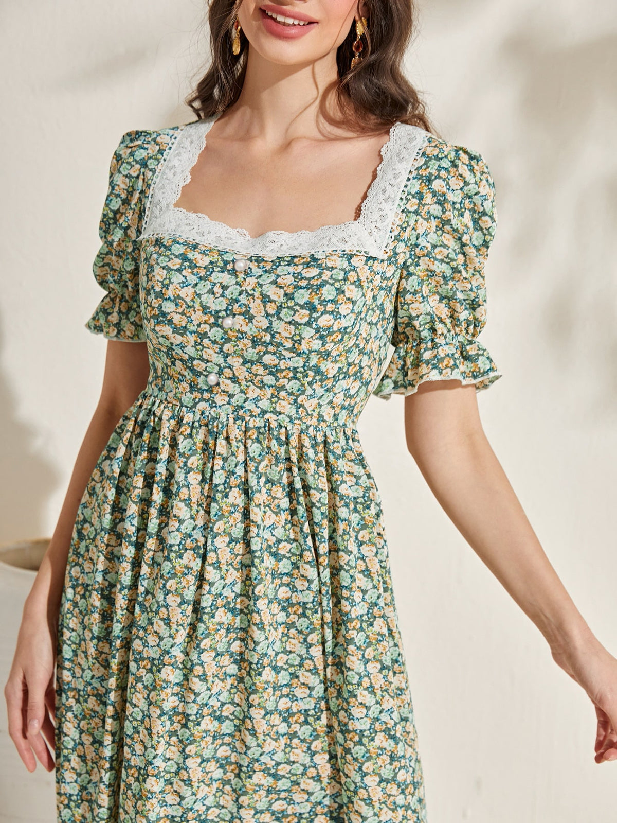 Floral Print Dress with Lace Trim