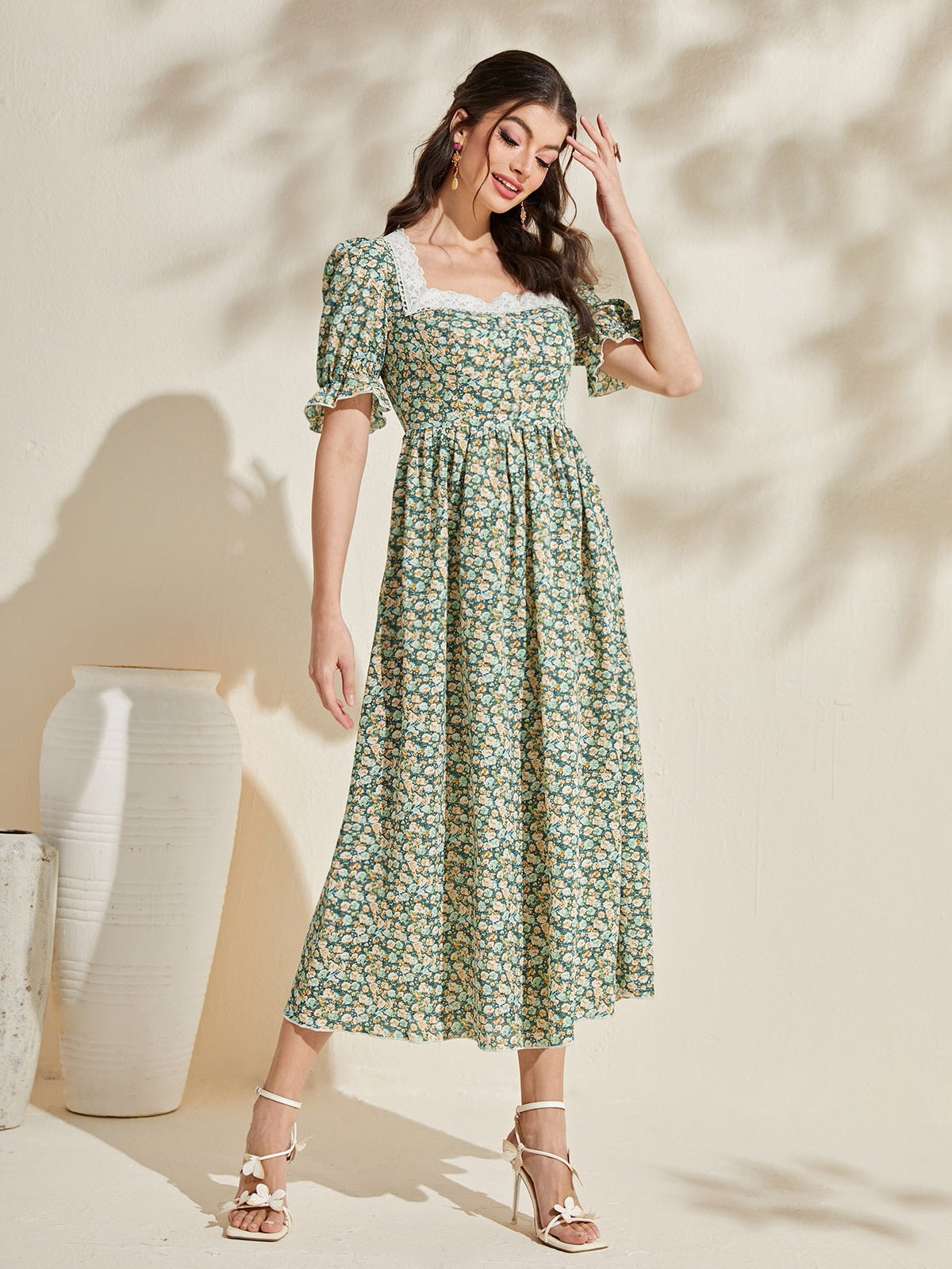 Floral Print Dress with Lace Trim