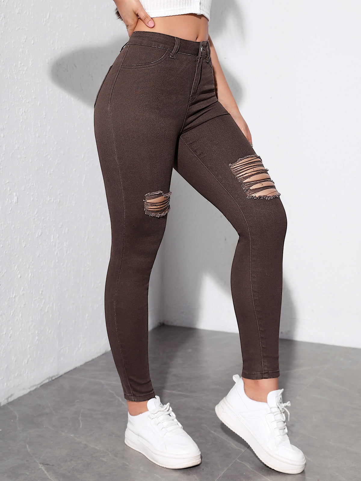 Coffee Brown Ripped Skinny Jeans