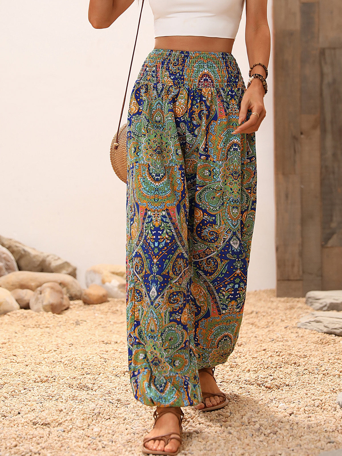 Paisley Print Pants with Shirred Waist
