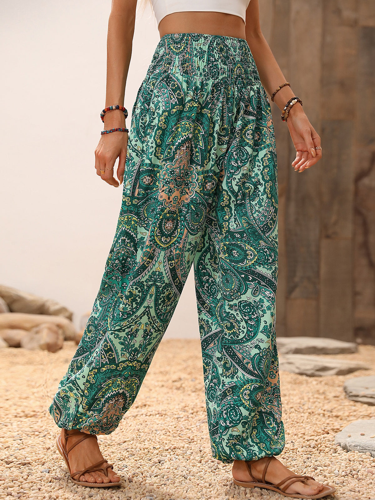 Paisley Print Pants with Shirred Waist