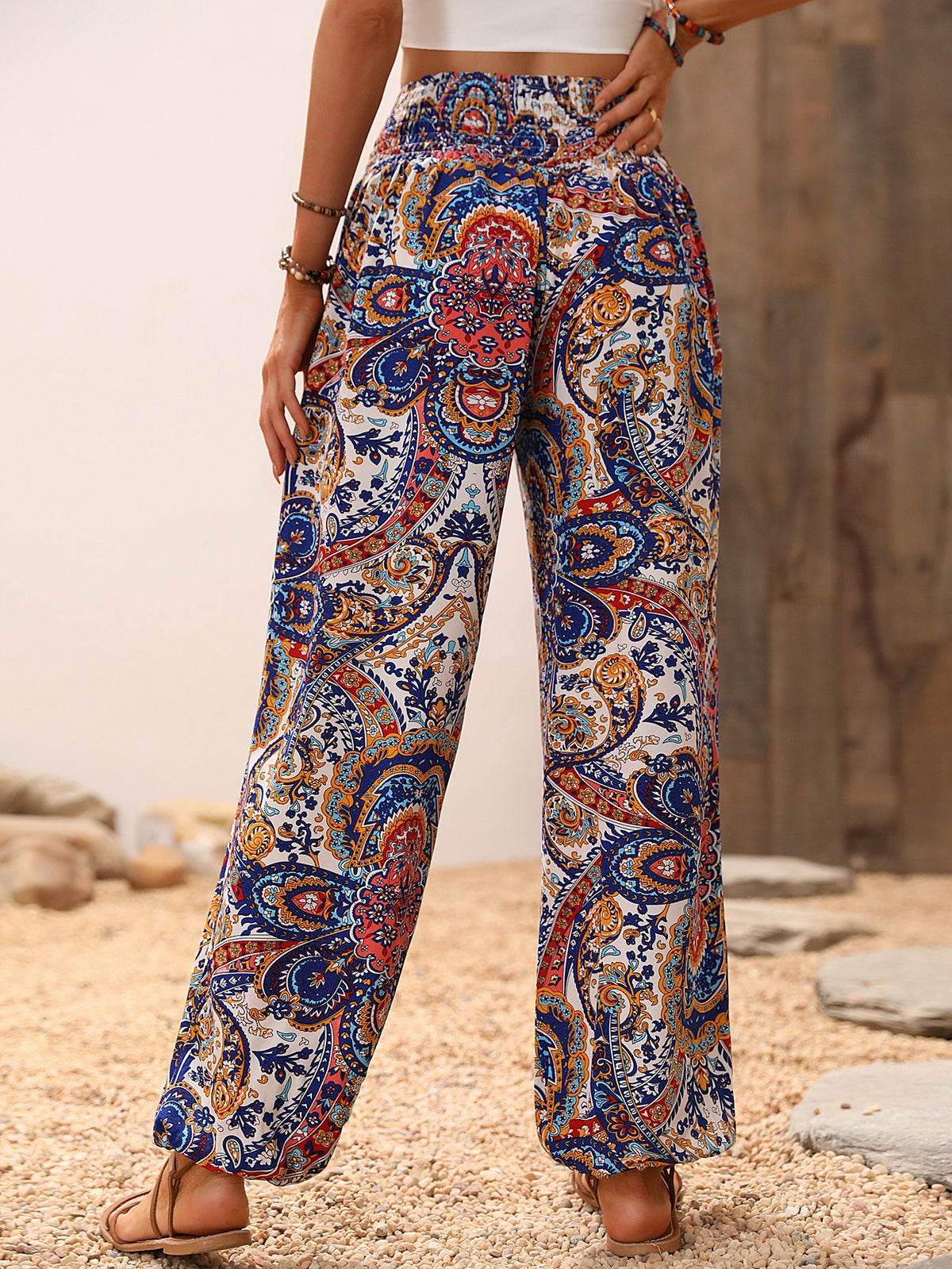 Paisley Print Pants with Shirred Waist