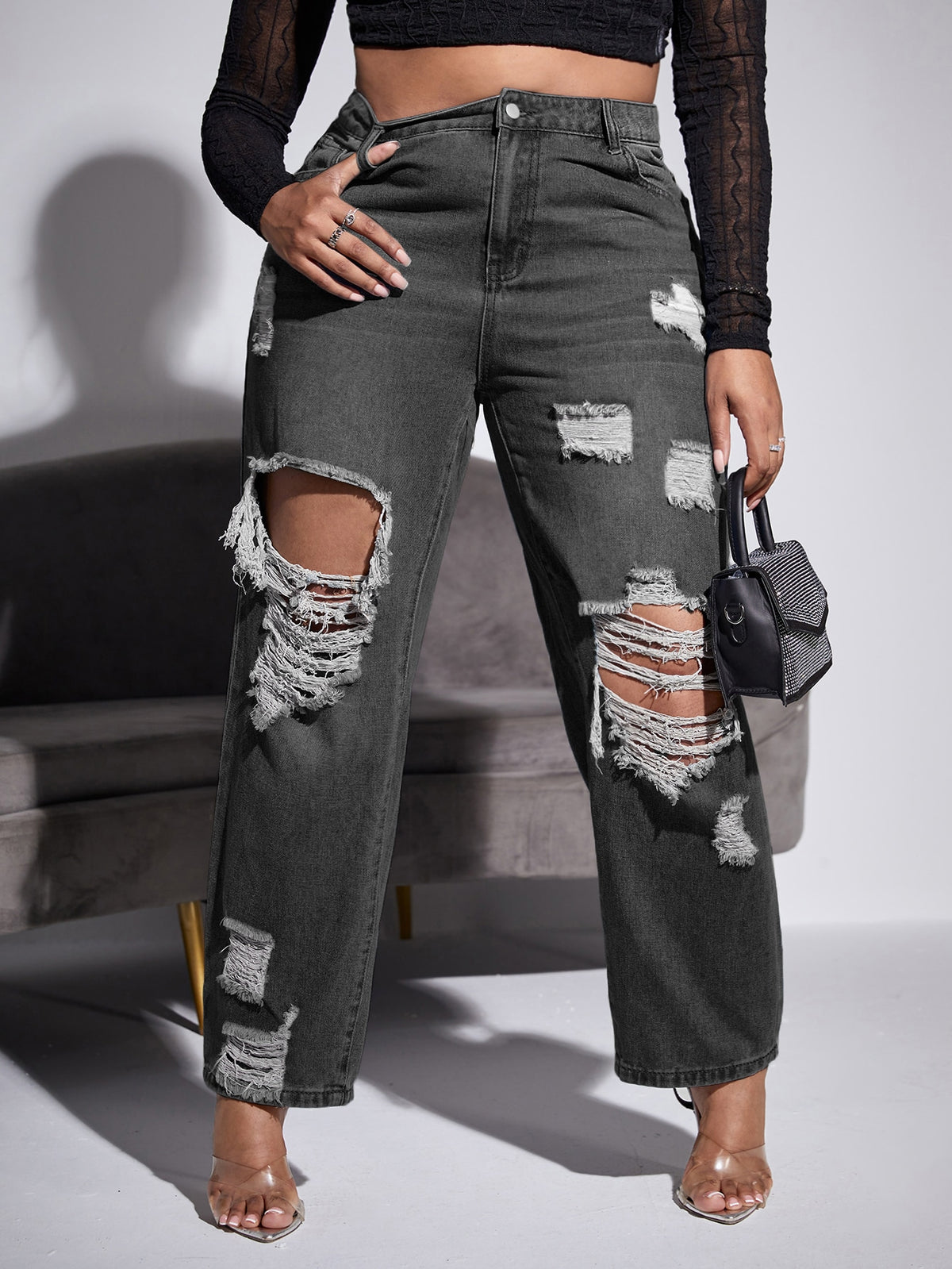Plus Straight Leg Jeans with Ripped Cut Out