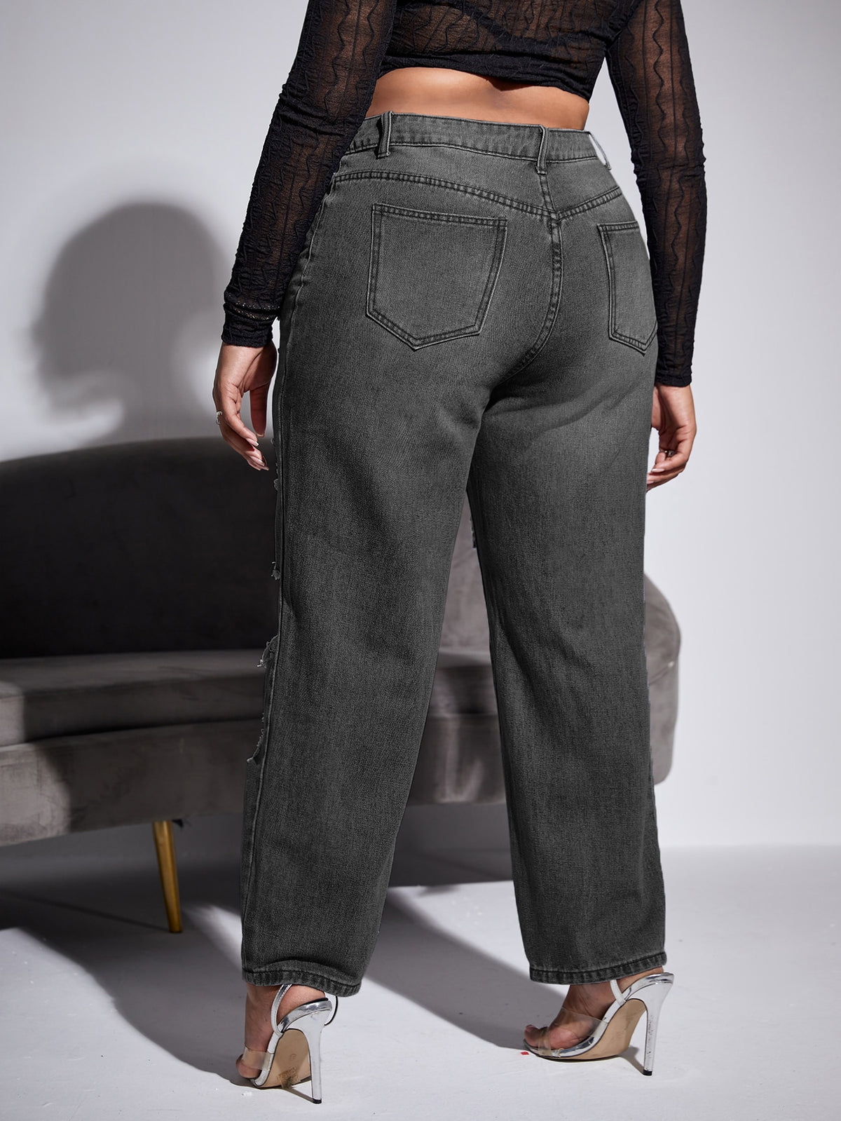 Plus Straight Leg Jeans with Ripped Cut Out