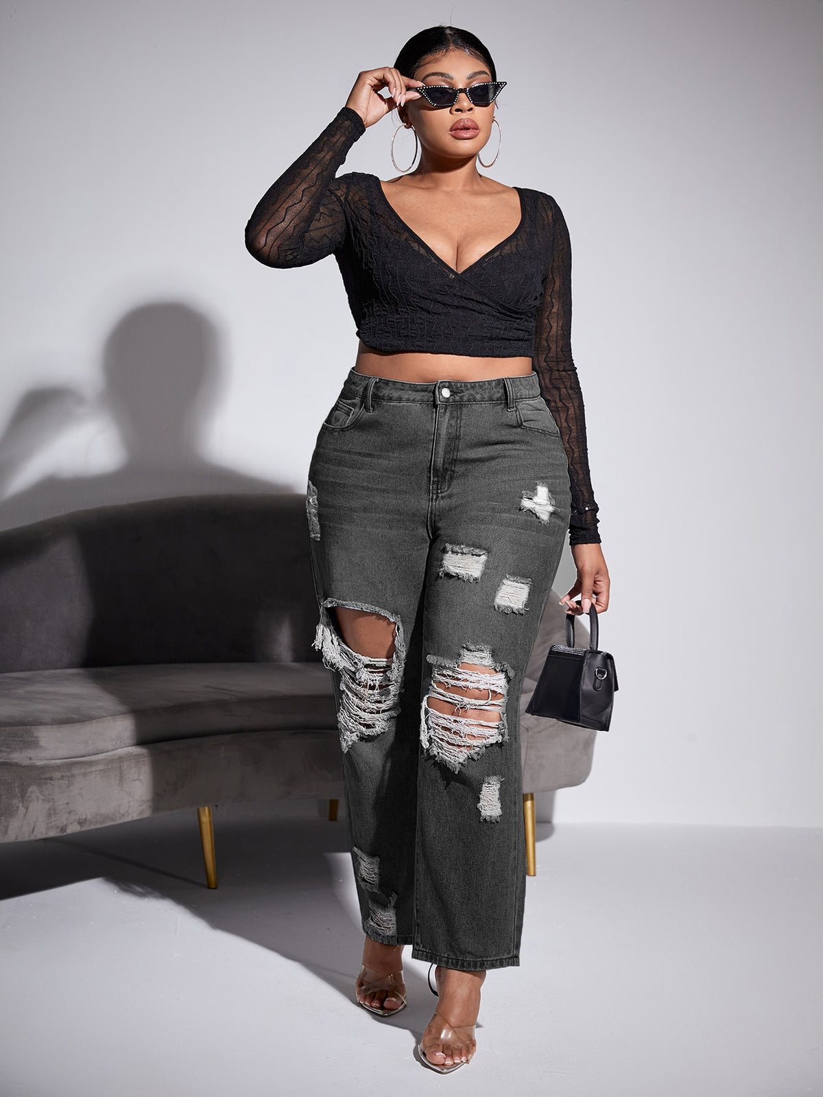 Plus Straight Leg Jeans with Ripped Cut Out