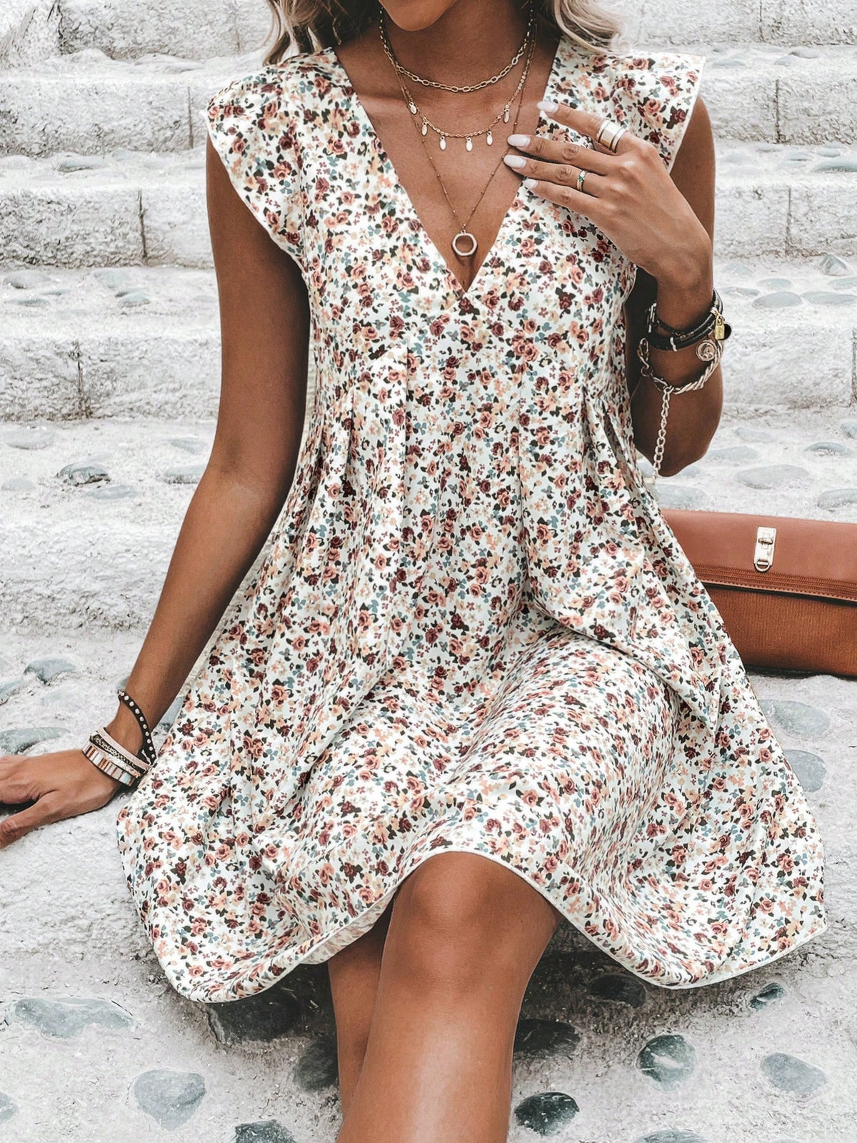 Floral Print Smock Dress with Ruffle Trim