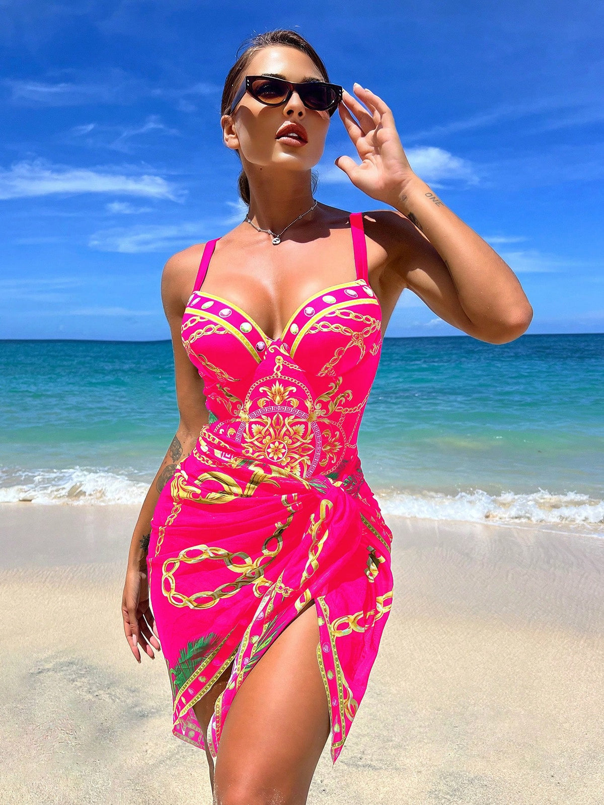 Boho One Piece Swimsuit With Beach Skirt